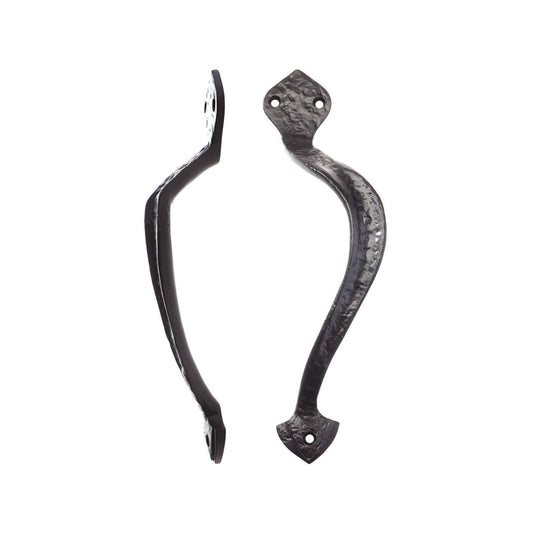 Zoo Hardware Offcentre Pull Handle in black finish, measuring 9.5 inches with a decorative curved design and visible mounting holes. The handle features a hammered texture and distinct shape.
