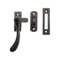 Zoo Hardware Bulb End Casement Fastener - 4" in a black finish, including a lever handle and two matching brackets, designed for securing casement windows.