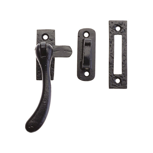 Zoo Hardware Bulb End Casement Fastener, 4 inches long, in black finish, includes a lever handle and two mounting plates. The design features a smooth handle and sturdy, durable construction suitable for window casement applications.