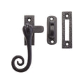 Zoo Hardware Curly Tail Casement Fastener in black, measuring 4 inches, featuring a decorative hook with a curled end and accompanying components for installation, designed for securing casement windows.