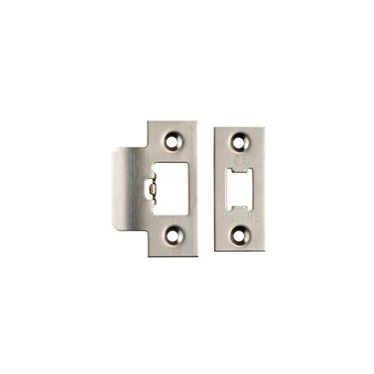 Carlisle Brass Forend Strike & Fixing Pack designed for heavy duty tubular latch in stainless steel finish. The pack includes a strike plate and a fixing plate with multiple screw holes for secure installation.