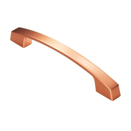 Carlisle Brass Bridge Handle in a warm copper finish, featuring a smooth, curved design with rectangular ends for easy gripping.