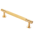 Carlisle Brass Lines Pull Handle Range in gold finish, featuring a ribbed design and cylindrical ends for easy gripping. This handle is made of durable metal, offering a sleek addition for cabinetry or furniture.