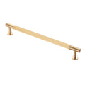 Carlisle Brass Lines Pull Handle Range in a polished gold finish, featuring a ribbed design and mounted on two circular bases for easy grip.