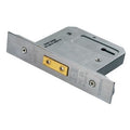 Carlisle Brass Easi-T 5 Lever Deadlock in stainless steel with a rectangular shape, featuring a brass bolt and a keyhole slot for locking mechanisms.