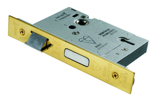 Carlisle Brass Easi T 5 Lever BS Sashlock featuring a brass finish with a metallic body, designed for secure door locking. The lock includes a lever mechanism and a strike plate for installation.