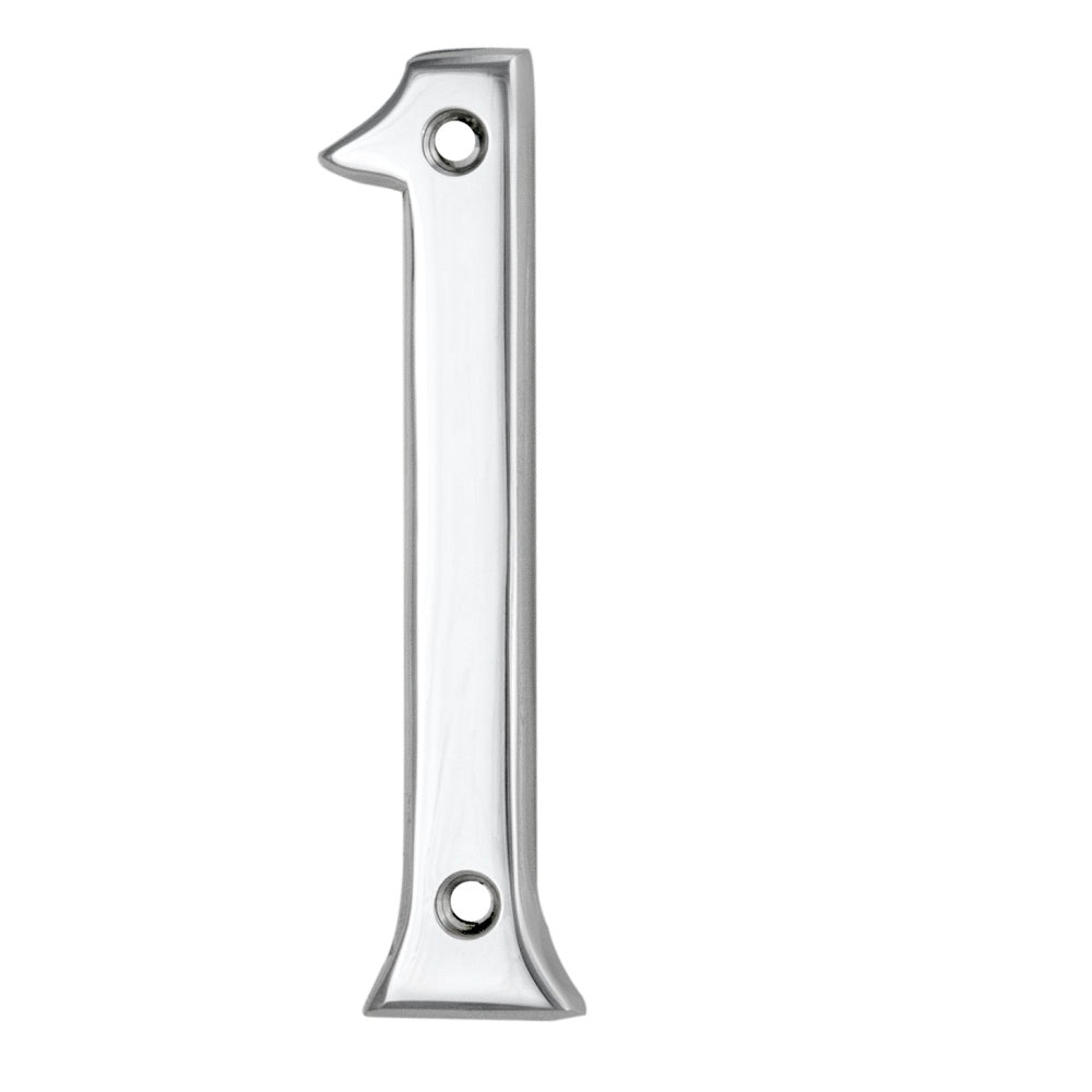 Carlisle Brass Numeral Face Fix (No.1) in polished stainless steel, measuring 76mm tall with two mounting holes for easy installation.