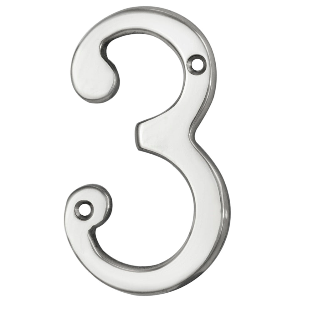 Carlisle Brass Numeral Face Fix (No.3) in a polished chrome finish, featuring a decorative numeral '3' design with two pre-drilled holes for installation.
