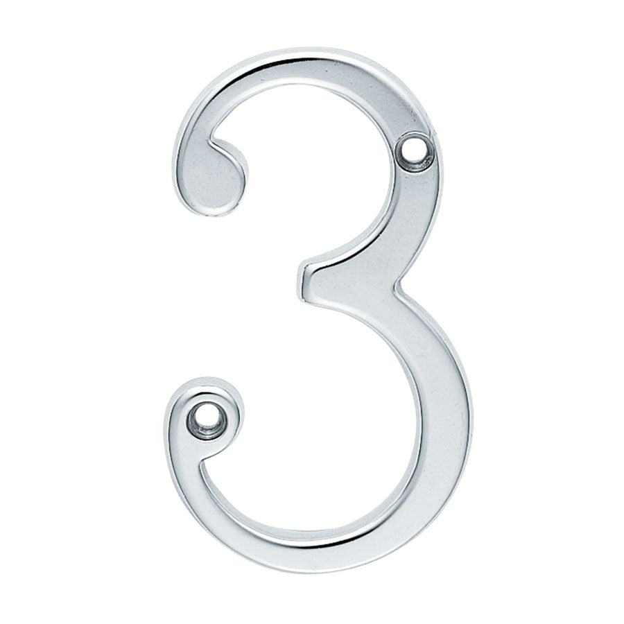 Carlisle Brass Numeral Face Fix (No.3) in polished chrome, featuring a stylized design with a curved form, suitable for addressing or labeling.