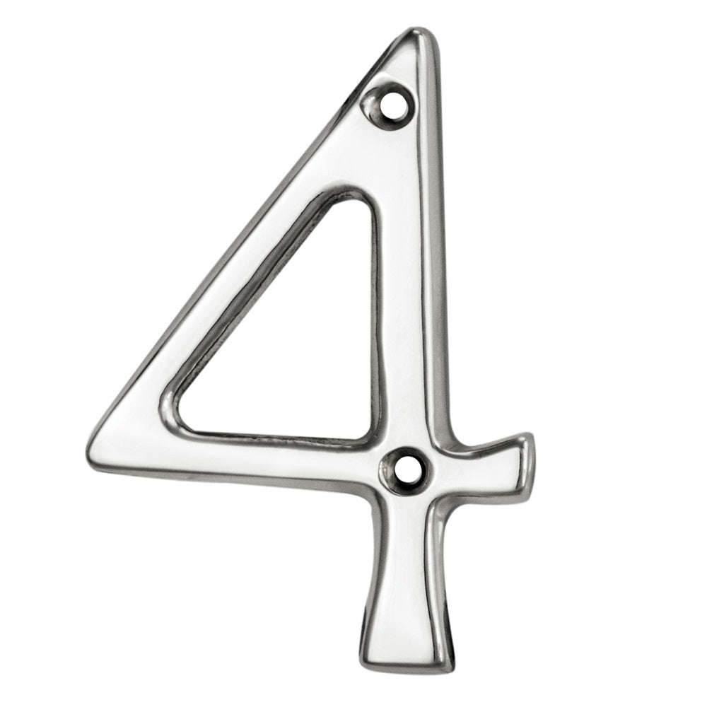 Carlisle Brass Numeral Face Fix (No.4) measuring 76mm, featuring a polished silver finish with two installation holes. The numeral design is simple and modern, suitable for various applications.