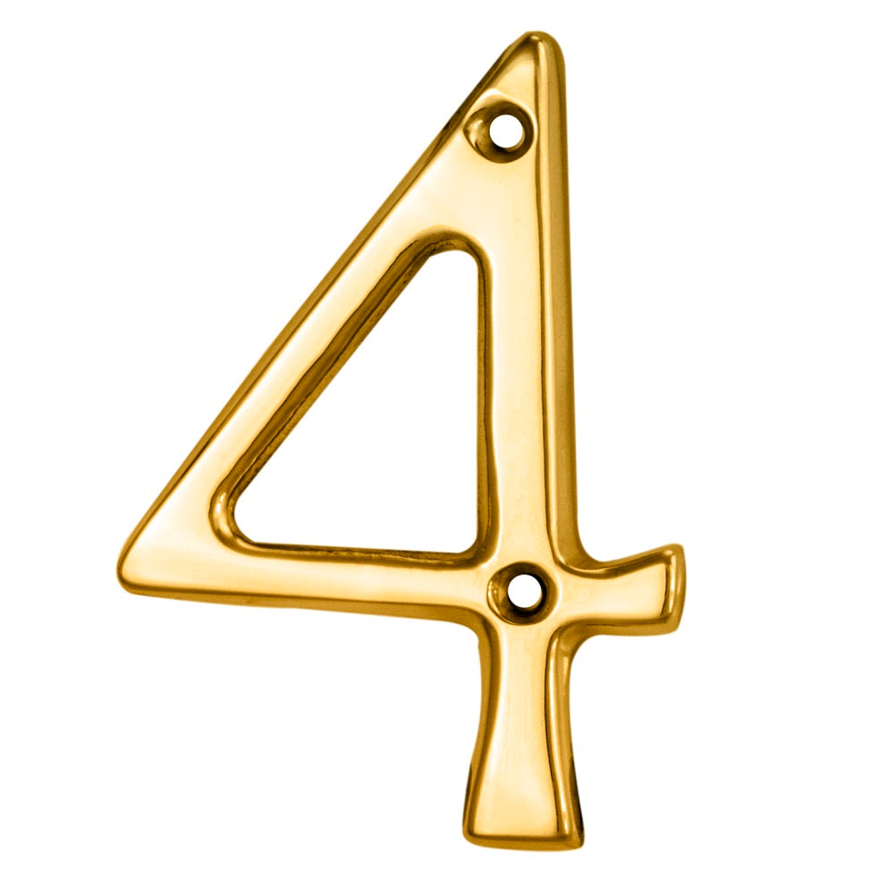 Carlisle Brass Numeral Face Fix (No.4) in a polished gold finish, measuring 76mm in height. The numeral features a sleek design with two mounting holes for easy installation.
