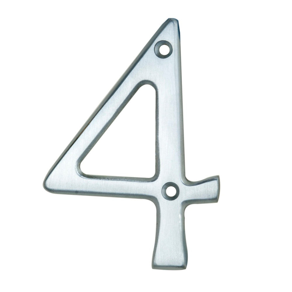 Carlisle Brass Numeral Face Fix (No.4) in a brushed stainless steel finish, measuring 76mm, featuring a modern design with two mounting holes for easy installation.