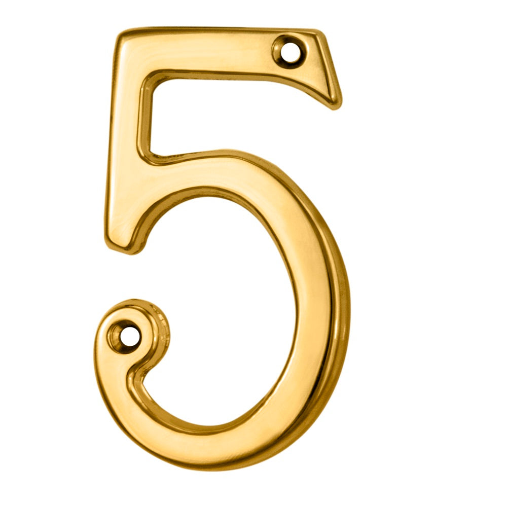Carlisle Brass Numeral Face Fix (No.5) in shiny gold finish, measuring 76mm, featuring a stylized number 5 design with two mounting holes for installation.
