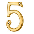 Carlisle Brass Numeral Face Fix (No.5) in shiny gold finish, measuring 76mm, featuring a stylized number 5 design with two mounting holes for installation.