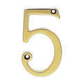 Carlisle Brass Numeral Face Fix (No.5) in a shiny brass finish, measuring 76mm, designed in a distinctive style with two mounting holes for attachment.