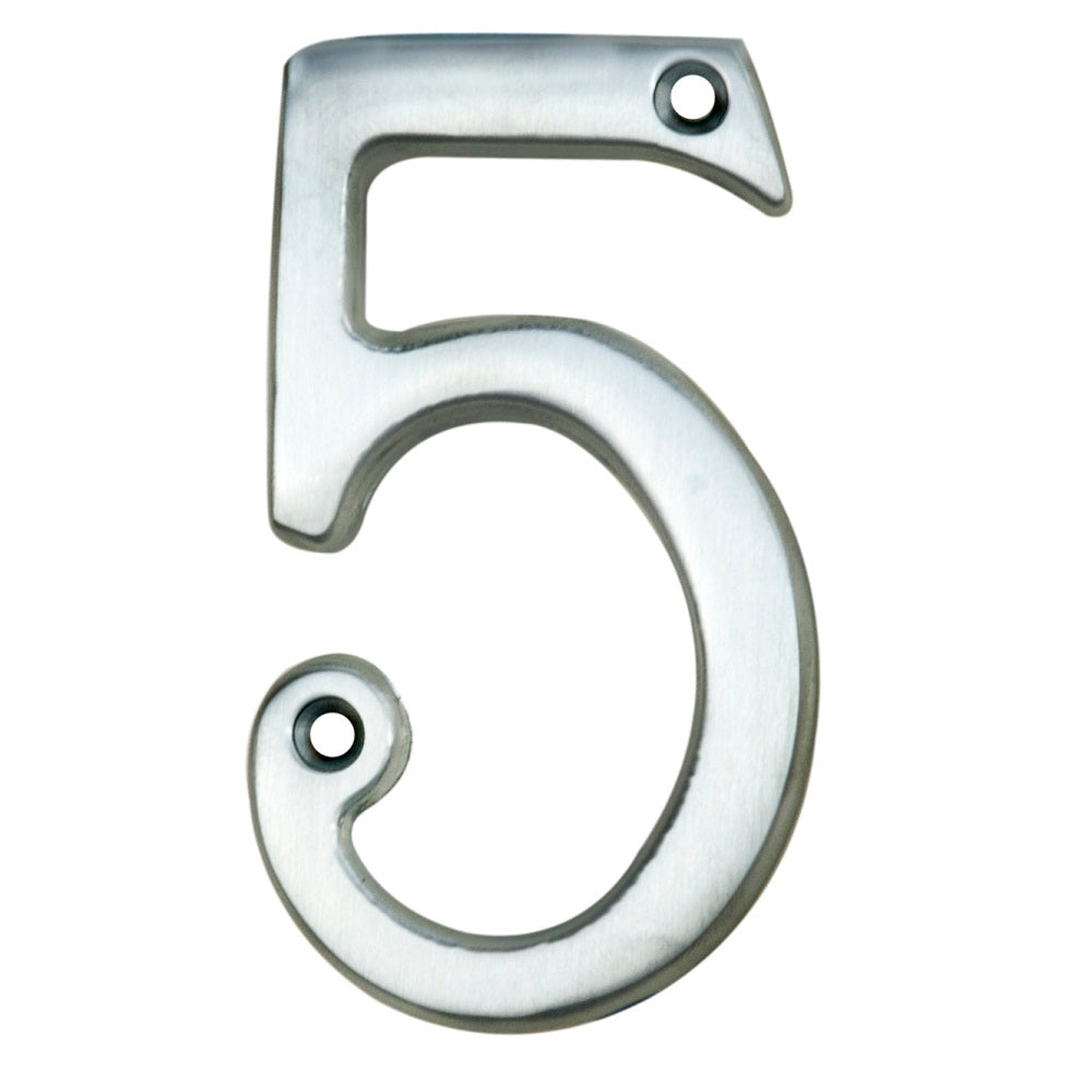 Carlisle Brass Numeral Face Fix (No.5) in a brushed metal finish, 76mm in height, featuring a decorative single-digit number '5' with two mounting holes.