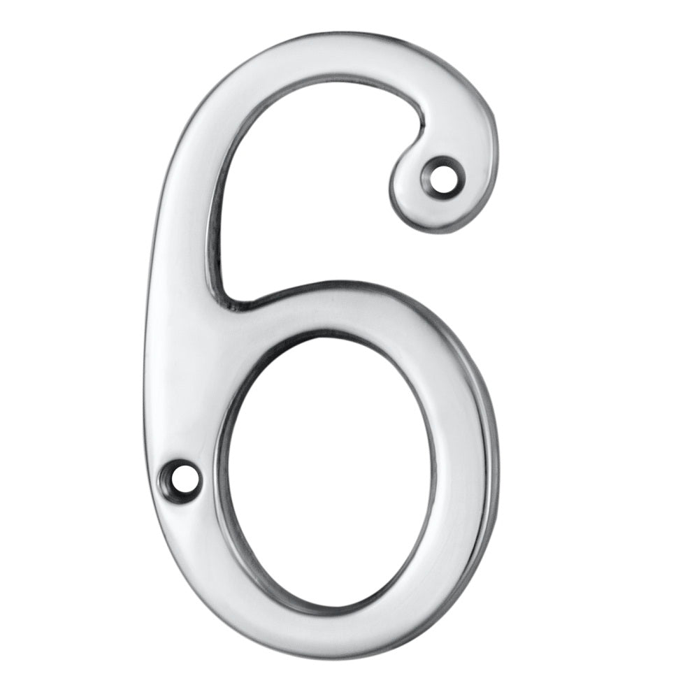 Carlisle Brass Numeral Face Fix (No 6 Or 9) in polished stainless steel, featuring a smooth finish and a fluid design, intended for displaying the number 6 or 9. The numeral has two mounting holes for installation.