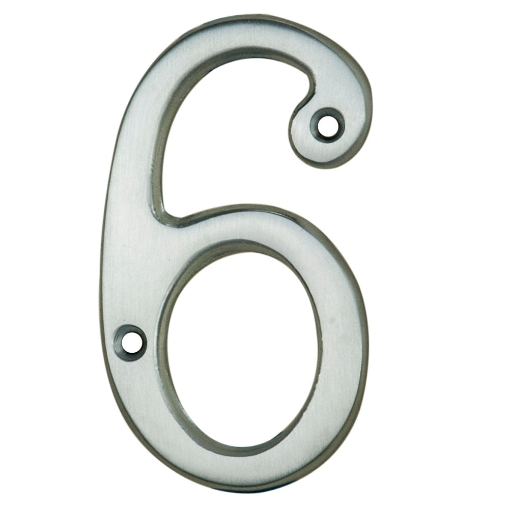 Carlisle Brass Numeral Face Fix (No 6 Or 9) in a brushed stainless steel finish, measuring 76mm, featuring an elegant numeral '6' with two mounting holes for easy installation.
