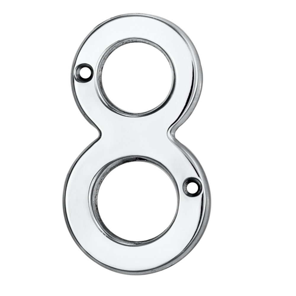 Carlisle Brass Numeral Face Fix (No.8) in polished chrome, featuring a sleek design with two circular openings and mounting holes for easy installation.