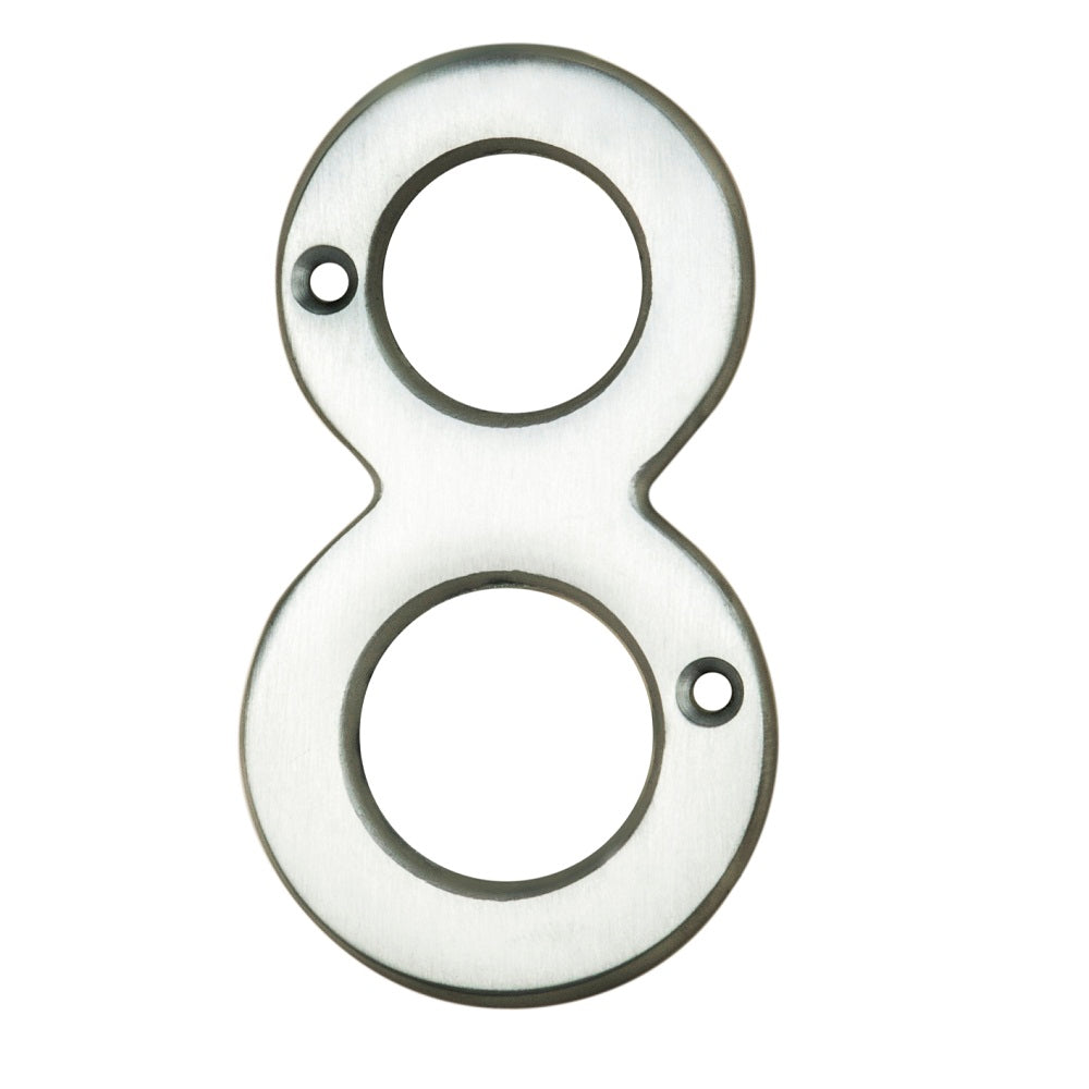 Carlisle Brass Numeral Face Fix (No.8) 76Mm in brushed stainless steel, featuring a circular design with two openings for mounting, suitable for door or wall applications.