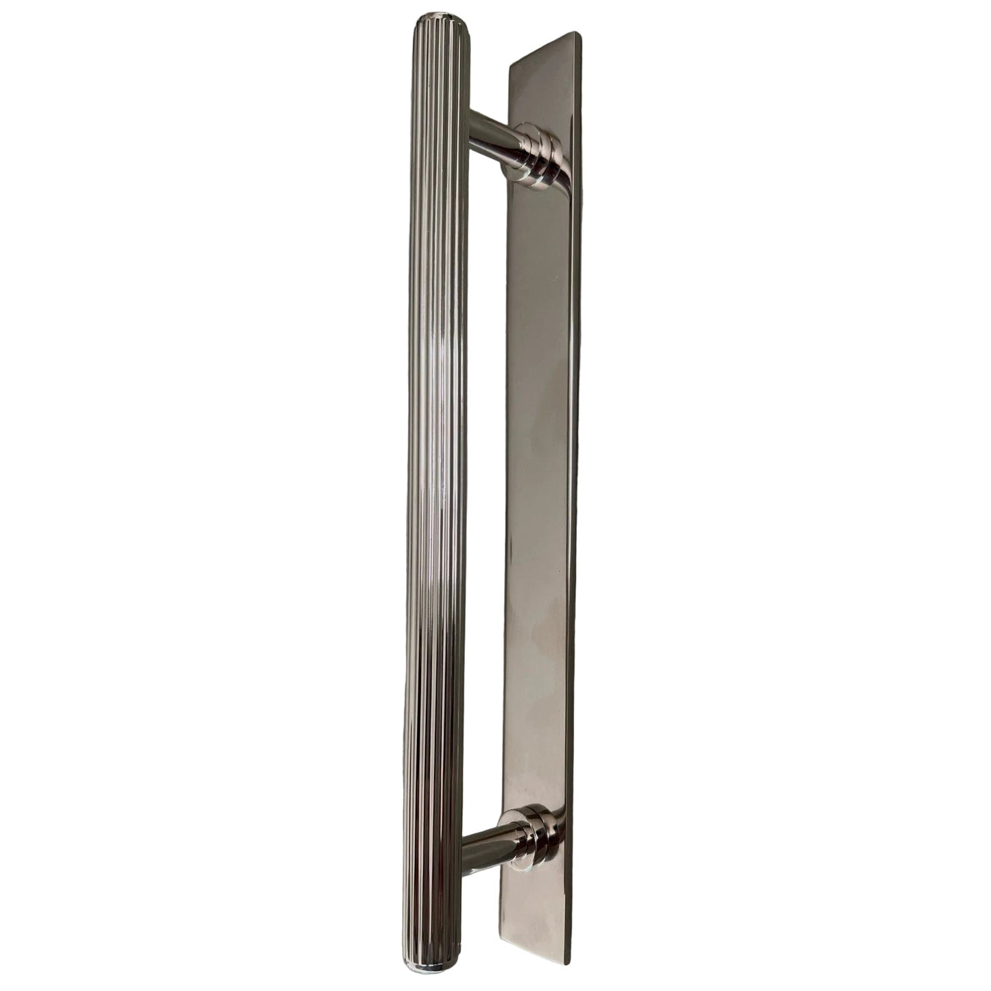 Brass bee Brass Backplate - Nickel 128mm/160mm Hole to Hole Handles featuring a polished nickel finish with a vertical ribbed design and two mounting points for easy installation.