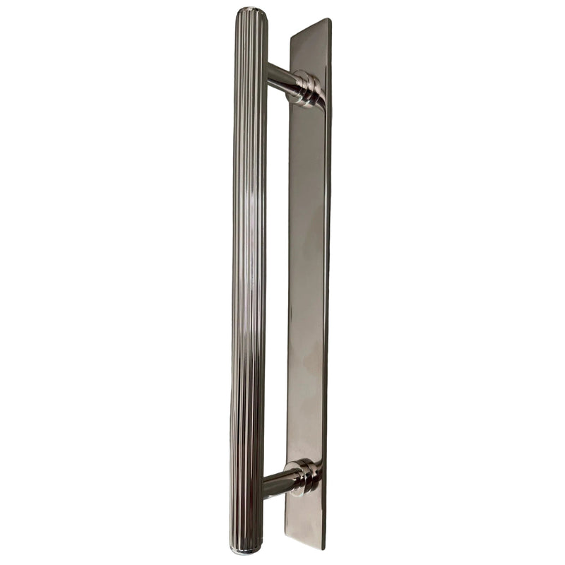Brass bee Brass Backplate - Nickel 128mm/160mm Hole to Hole Handles featuring a polished nickel finish with a vertical ribbed design and two mounting points for easy installation.
