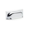 Alexander & Wilks Quantock Cup Handle in chrome finish, featuring a rounded design and a rectangular backplate for installation.