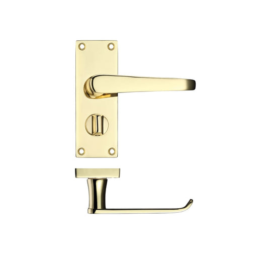 Zoo Hardware Project Victorian Flat Lever on Privacy Backplate in polished gold finish, measuring 114 x 40mm. The design includes a flat lever handle and a privacy turn mechanism.