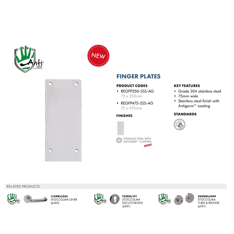 Fingerplate 350mm x 75mm Sat.St.Steel - Anti Germ