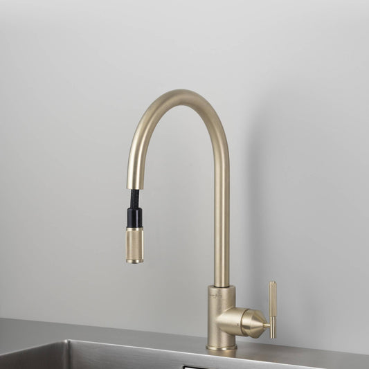 UK Kitchen Tap / Pull-Out Mixer / Linear Blond Brass