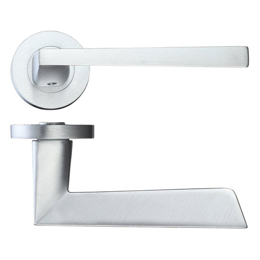 Zoo Hardware Lupus Lever on Round Rose in brushed stainless steel, featuring a sleek, modern design with a flat lever and circular rose plate.