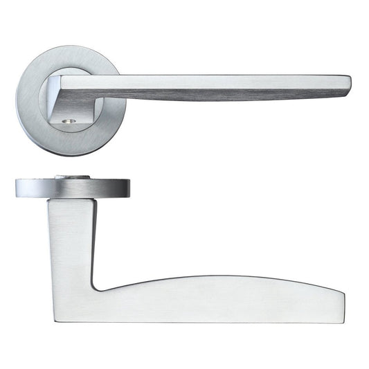 Zoo Hardware Pavo Lever on Round Rose, featuring a brushed stainless steel finish with a sleek, minimalist design. The lever handle is mounted on a circular rose, enhancing its modern appeal.