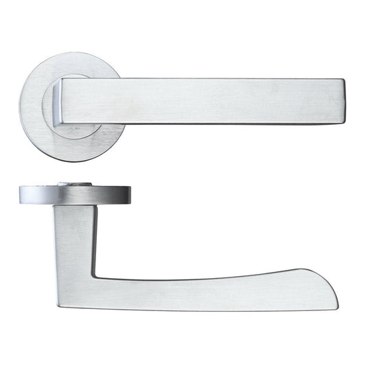 Zoo Hardware Mensa Lever on Round Rose in brushed stainless steel finish, featuring a flat lever design and round rose. The lever is shown from a side view, displaying its simple and modern style.