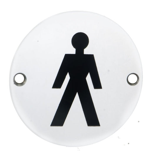 Carlisle Brass Male Symbols sign, featuring a black male figure on a white circular background with two mounting holes.