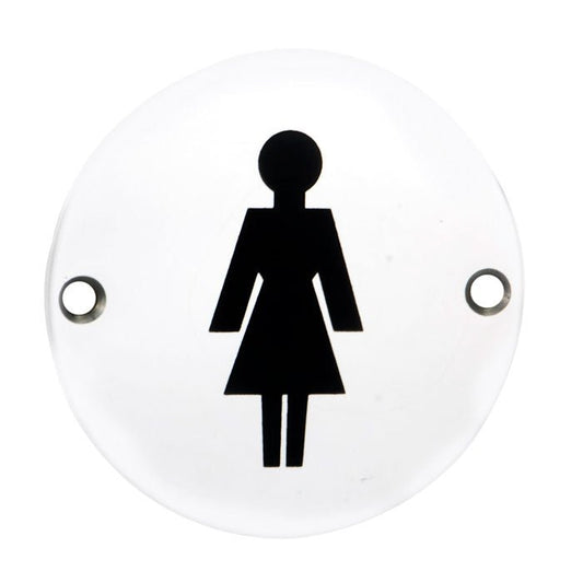 Carlisle Brass Female Symbol in black, featuring a graphic representation of a female figure on a round white disc, designed for signage with two visible mounting holes.