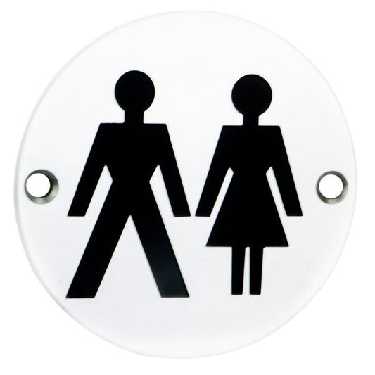 Carlisle Brass Unisex Symbols sign in round shape, featuring male and female symbols in black on a white background, designed for restroom identification.