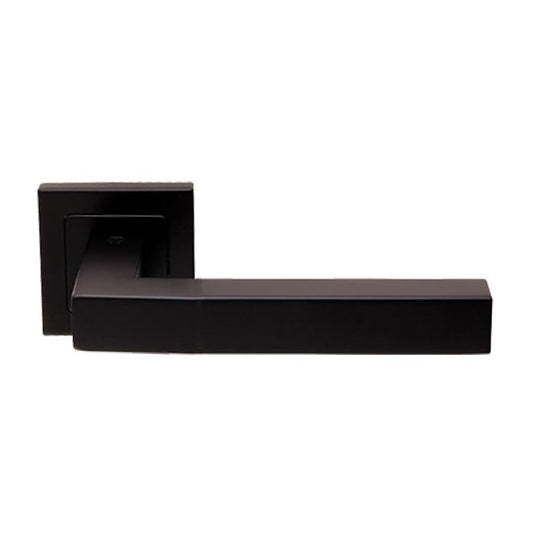 Carlisle Brass Alvar Designer Lever on Sprung Square Rose in black finish, featuring a modern square-shaped handle and a square base plate for secure mounting.