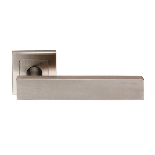 Carlisle Brass Carla Designer Lever on Sprung Square Rose in brushed nickel finish, featuring a rectangular lever handle and a square rose, designed for door hardware applications.