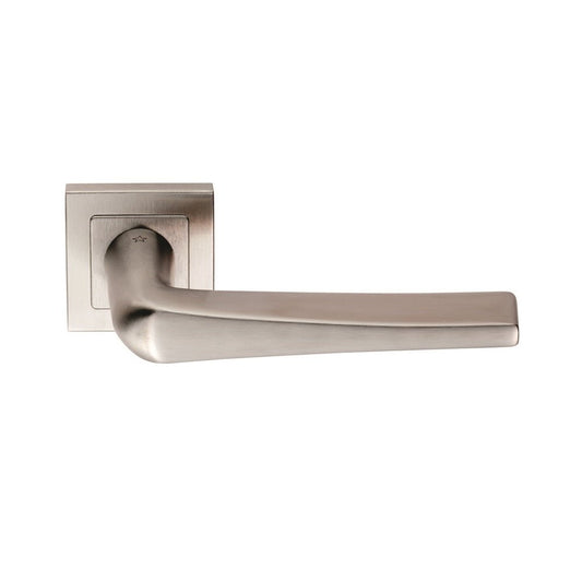 Carlisle Brass Plaza Designer Lever on Sprung Square Rose in brushed nickel finish, featuring a modern lever design mounted on a square rose.
