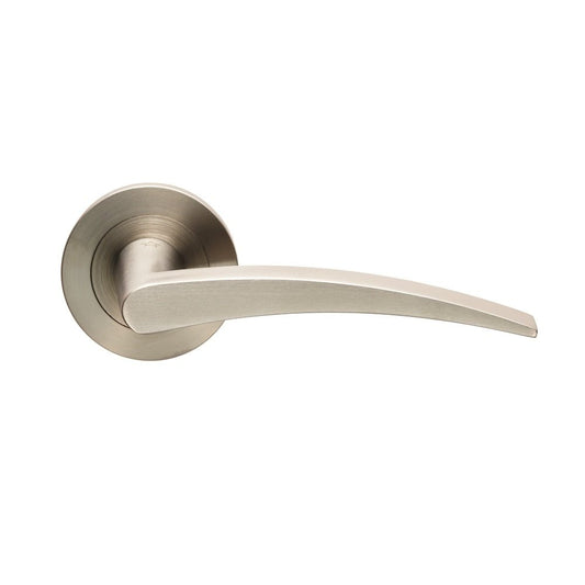 Carlisle Brass Volantes Designer Lever on Threaded Rose in a brushed nickel finish, featuring a sleek, curved lever design attached to a round rose.