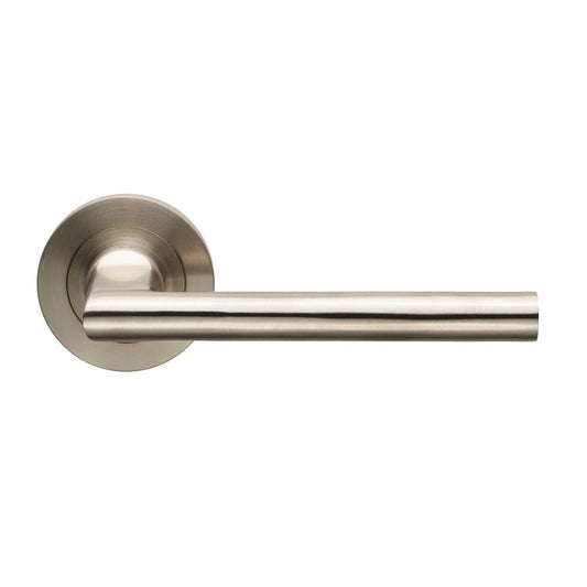 Carlisle Brass Soho Designer Lever on Threaded Rose in satin nickel finish, featuring a sleek, elongated handle attached to a circular rose for a contemporary look.