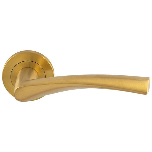 Carlisle Brass SWL Breeze Lever on Rose in a brushed gold finish, featuring a sleek, modern curved lever design and a round rose plate for easy installation.