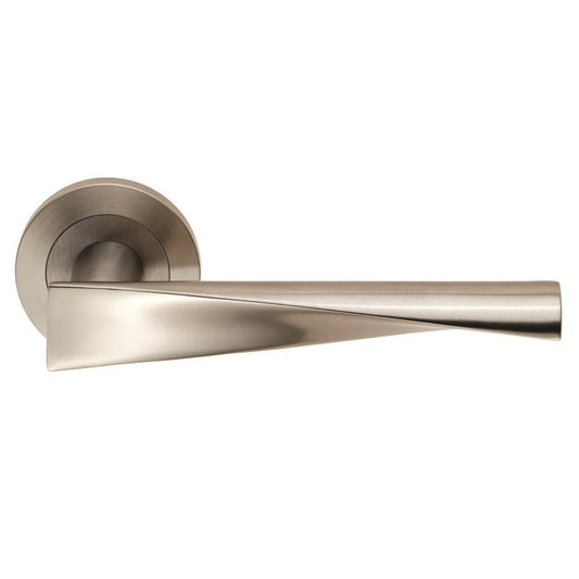 Carlisle Brass SWL Brema Lever on Rose in brushed nickel finish, featuring a modern design with a sleek, angled handle and a circular rose plate.