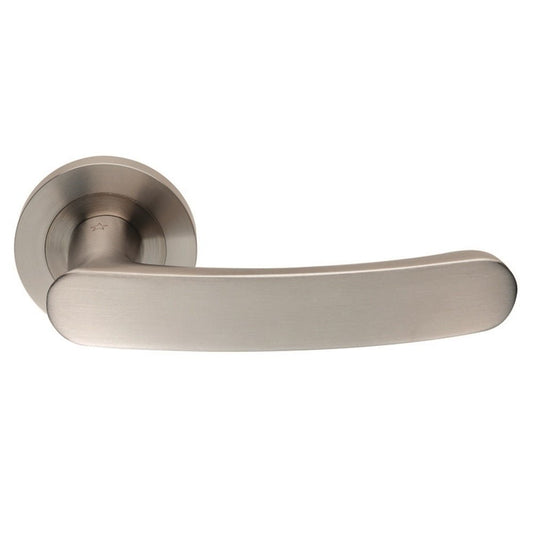 Carlisle Brass SWL Berlino Lever on Rose features a brushed nickel finish with a smooth, elongated handle design, mounted on a circular rose plate, suitable for door hardware.