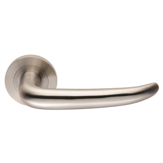 Carlisle Brass SWL Luenza Lever on Rose in satin nickel, featuring a smooth, curved lever design mounted on a round rose plate for a minimalist look.