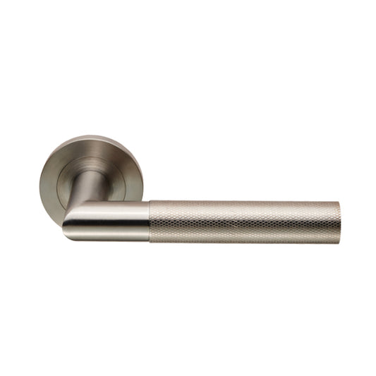 Carlisle Brass Crown Knurled Lever in brushed nickel finish, featuring a textured knurled handle for improved grip, mounted on a round rose.
