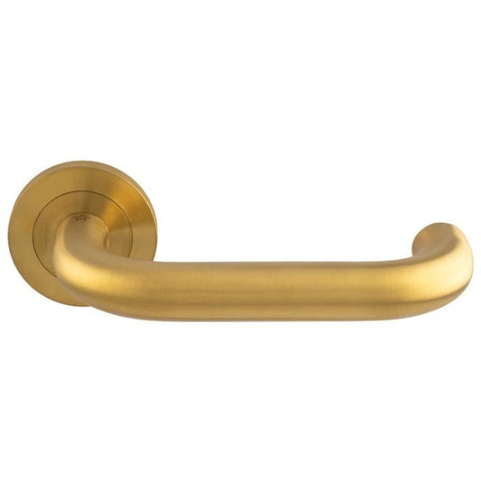 Carlisle Brass SWL Nera Lever on Rose in a brushed gold finish, featuring a curved handle design attached to a circular rose plate for a sleek appearance.