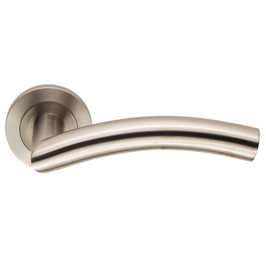 Carlisle Brass SWL Dresda Lever on Rose in brushed nickel finish, featuring a sleek curved lever design mounted on a round rose plate.