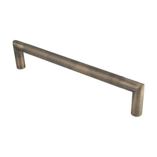 Carlisle Brass Mitred Knurled Pull Handle Range in brushed brass finish, featuring a knurled texture for improved grip and a straight design with L-shaped ends.