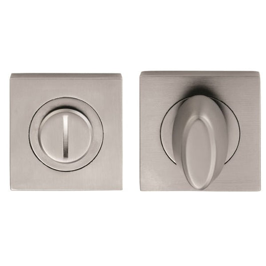Carlisle Brass Square Thumbturn and Release in a brushed stainless steel finish, measuring 51mm x 51mm, featuring a square backplate and a rounded thumbturn for easy locking and unlocking.